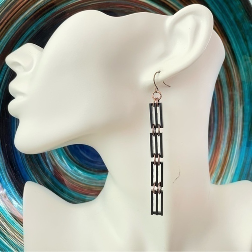 2/$29 Handmade Lego Long Black Dangle Statement Earrings 3.5β Upcycle OOAK - Picture 2 of 4